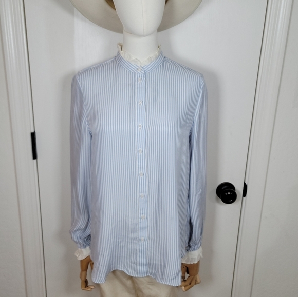 J. Crew Blue & White Striped Cupro Blend Button-Up Shirt Ruffle Trim Size Small - Picture 2 of 13